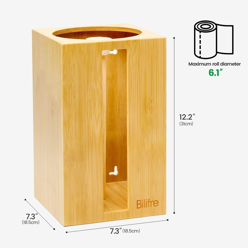 Bilifre Bamboo Paper Towel Holder with Hooks – One-Hand Tear,