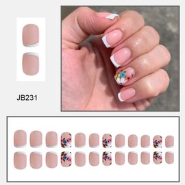 24Pcs White French Tips Press on Nails Short Square Flower Fake Nails Glossy Nude Pink Acrylic Nails Full Cover False Nails with Nail Tips Design Artificial Glue on Nails for Women Girls Nail Decor
