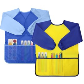 Yeunmu Kids Painting Apron 2 Pack, Waterproof Toddler Art Smock, Artist Smock for Kids Age 2-8 with Long Sleeve and 3 Pockets
