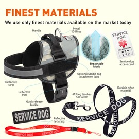 Dogline Service Dog Vest Harness Bundle Service Dog Reflective Leash & Patches Service Dog in Training Set, ADA IDs for Travel Support Therapy Dogs Girth 22 to 30 in Urban Camo