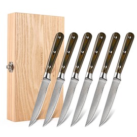Damascus Serrated Steak Knife Set of 6 with Case, 5 Inch Serrated Steak Knife, 67 Layers Steel Blades Hand-sharpened to 15°, Non-slip G10 Ergonomic Triple Rivet Handle for Gift, Natural Wooden Box