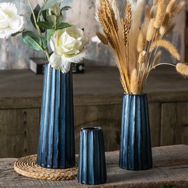 Kendiis Blue Ceramic Vase Set 3, Modern Blue Vase, Farmhouse Decor, Rustic Decorative Vase for Fireplace, Entryway and Living Room, Centerpiece Table Decorations