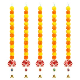 5PCS Artificial Marigold Garland with Lotus and Bell for Diwali Decoration, Artificial Flowers Long Strands for Indian Wedding/Pooja/Christmas Party, Home Decoration for Wall Door Mantel