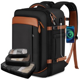 Vancropak 40L Travel Backpack for Women & Men, Large Expandable Carry on Backpack for Airplanes with 3 Packing Cubes, Airline Approved Water Resistant Anti Theft Travel Bag fit 17" Laptop, Black Brown