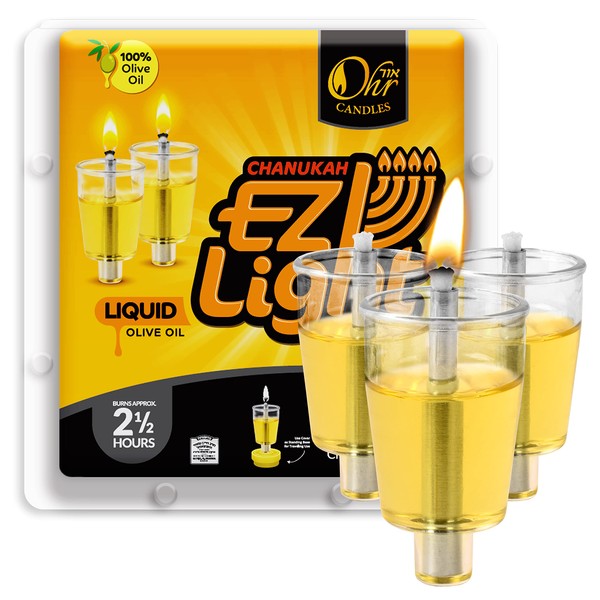 Pre-Filled Menorah Oil Cup Candles - Hanukkah EZ Lights - 100% Olive Oil with Cotton Wick in Cup - 44 Pack, Burns Approx. 2 1/2 Hrs