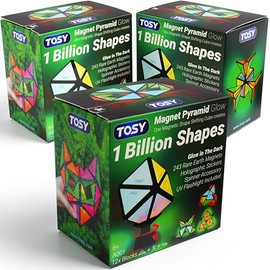TOSY Magnet Pyramid Glow - 1 Cube Transforms into 1 Billion Shapes, 12 Pieces, 243 Rare Earth Magnets, Glowing, Holographic Design Magnet Tiles Creative Puzzle STEM/STEAM Toy, 3-Pack