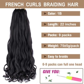 COOKOO 9 Packs 22 Inch French Curl Braids Hair Natural Black Pre Stretched Bouncy Braiding Hair Loose Wavy Crochet Braids Hair French Curls Synthetic Hair Extensions for Boho Box Braids 1B#
