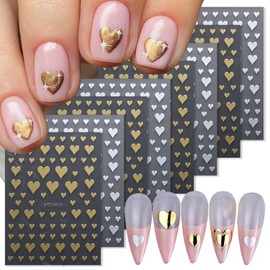 KTAABTR 8 Sheets Heart Nail Art Stickers Decals 3D Self-Adhesive Valentines Day Nail Design Stickers Gold Silvery Heart Nail Decals for Women DIY Manicure Valentines Day Heart Nail Glitter Decoration