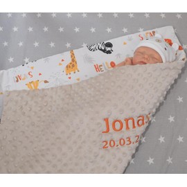 BotoBaby Double Layer Baby Blanket with Name and Date Embroidered Minky Cotton Filling (Beige - Safari, 75 x 100 cm)