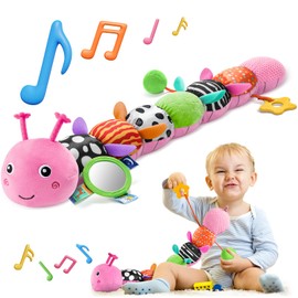 HEMRLY Baby Girl Toys for 0-6 Months, Musical Plush Caterpillar Infant Sensory Toy with Baby Mirror&Crinkle Rattle,Pull String,Teething, Tummy Time Newborn Gifts for 0-3-6-12 Boys Girls - Pink Leaf