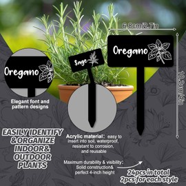 JarThenaAMCS - 24 etiquetas acrílicas para plantas, 12 estilos, marcadores de hierbas para jardín, color negro, impermeable, etiquetas tipo T, etiquetas de estaca para plantas con nombres para