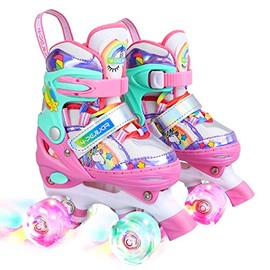 Rainbow Unicorn Kids Roller Skates for Girls Boys Toddler Ages 3-6,4-Pejiijar Adjustable Roller Shoes with Luminous Wheels for Birthday Xmas Gifts