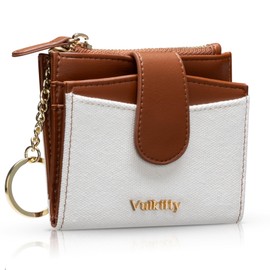 Vulkitty Credit Card Holder for Women Canvas and Leather RFID Blocking Women's Wallet with Key Ring Coin Pocket with Zip Double Folded Front Pocket Wallet, brown, Minimalist