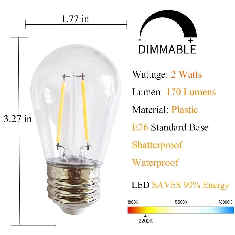 Rolay S14 Clear String Light Bulbs, 2W Plastic LED Replacement