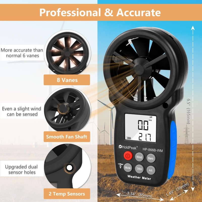 HoldPeak Handheld Anemometer Barometer, Weather Meter for Wind Speed, Temperature,