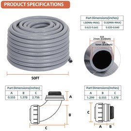 Neorexon Liquid-Tight Conduit 50 ft and 10 Pieces of Connector Kit, Electrical Conduit 1/2 50ft w/UL Certification, Flexible Conduit with 5 Straight and 5 90-Degree Conduit Connector Fittings