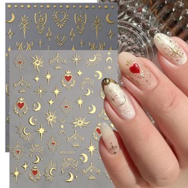 Gold Nail Art Sticker Decals 3D Embossed Hot Stamping Sun Moon Stars Design Nail Decals Self-Adhesive Butterfly Love Heart Nail Art Sticker Decoration for Women Manicure Supplies (8Sheet)