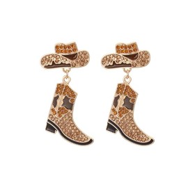 Colorful Rhinestone Western Boots Dangle Drop Earrings for Women Boho Cowgirl Cowboy Enamel Hat Boot Earrings Country Concert Party Outfits Jewelry Gift-Brown