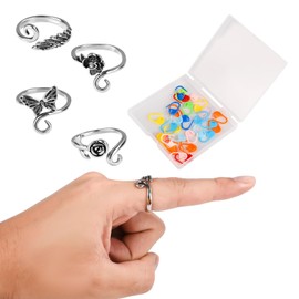 4pcs Crochet Ring for Finger, Butterfly Rose Lotus Angel Wing Yarn Tension Rings with 30 Crochet Paper Clips Crochet Tension Loop Rings for Crocheting Knitting Daily Decoration