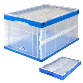 MOUNT-IT! Collapsible Storage Bin with Attached Lid [65 Liter] Folding Crate, Durable Plastic Container, Trunk Storage, Box (23x15x13 Inches), Clear & Blue
