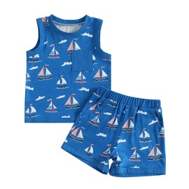 Toddler Baby Boy Summer Outfit Sleeveless Tank Tops + Casual Shorts Set 2 Piece Infant Beach Clothes (Sailboat Blue, 3-6 Months)