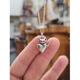 Mark Poulin Sterling Silver Tiny Sneaky Cat Charm Necklace on 16" 18" 20" Inch Adjustable Sterling Silver Cable Chain - Detailed and Unique Kitten Heart Charm Pendant