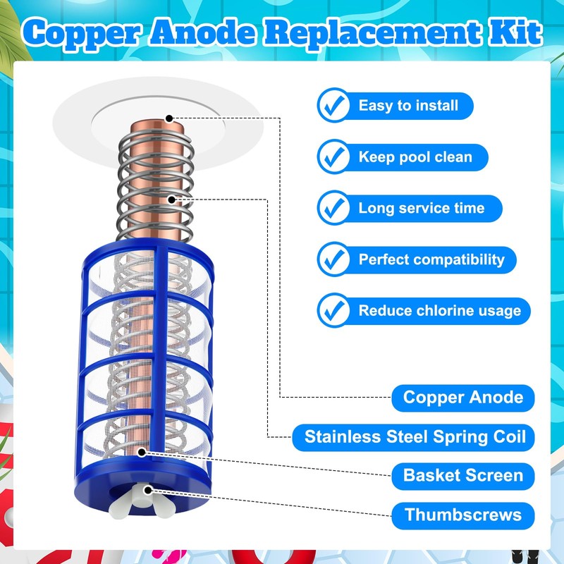 Qualirey 8 Pcs Copper Anode Replacement Kit, Solar Pool Replacement