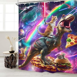 Miyotaa Funny Cat Dinosaur Shower Curtain Set 60Wx71H Inches Hilarious Galaxy Universe Cool Boys Kids Anime Outer Space Waterproof Bathroom Curtain with 12 Hooks