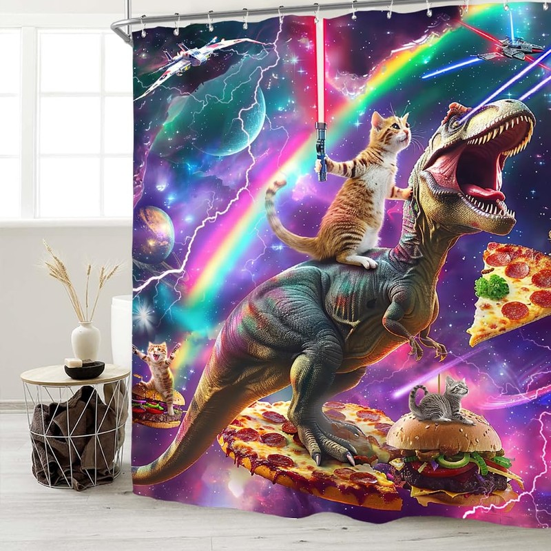 Miyotaa Funny Cat Dinosaur Shower Curtain Set 60Wx71H Inches Hilarious