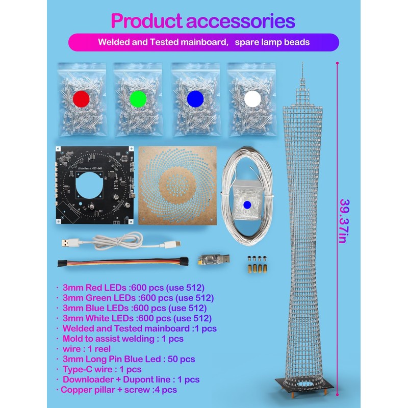iCubeSmart LEDカントンタワーモデルDIY電子キット、LEDキューブモデルハンドメイドはんだ付けプロジェクトキット、64個のLEDサークル、高さ1メートル(GZT-64)