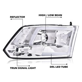 CROSSDESIGN LED DRL headlights Compatible with Dodge Ram 1500 2500 3500 2009 2010 2011 2012 bumper Headlamp Clear lens Chrome Housing Clear Reflector(Not Fit Dual Beam，Not Fit One Hole)