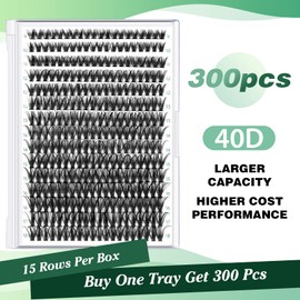 KEYYOU Lash Clusters 300pcs Individual Lashes 40D 0.07D Curl 9-18MIX DIY Eyelash Extension KEYYOU Large Tray Volume Soft&Natural Cluster Lashes(40D-0.07D,9-18MIX