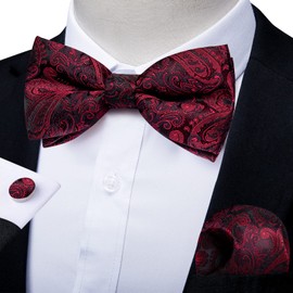 DiBanGu Black and Red Paisley Bow Ties for Men Woven Silk Pocket Square Pre-tied Bowtie Set for Wedding Prom
