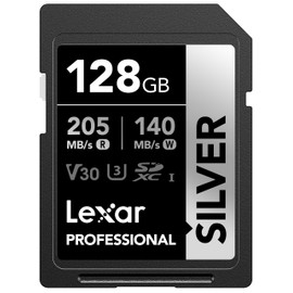 Lexar Tarjeta de Memoria SDXC Profesional de 128 GB, UHS-I, C10, U3, V30, 4K Video, hasta 205/140 MB/s de Lectura/Escritura, para fotógrafo Profesional, videógrafo, Entusiasta (LSDSILV128G-BNNNU)