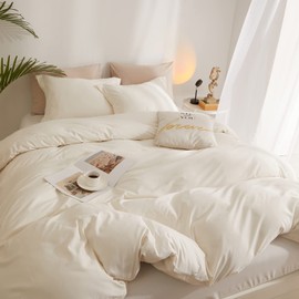 LifeTB Cream White Duvet Cover Twin XL Washed Microfiber Off White Bedding Sets Simple Style Ivory White Comforter Cover with Zipper Closure Solid White Twin XL Duvet Cover with 2 Pillowcases