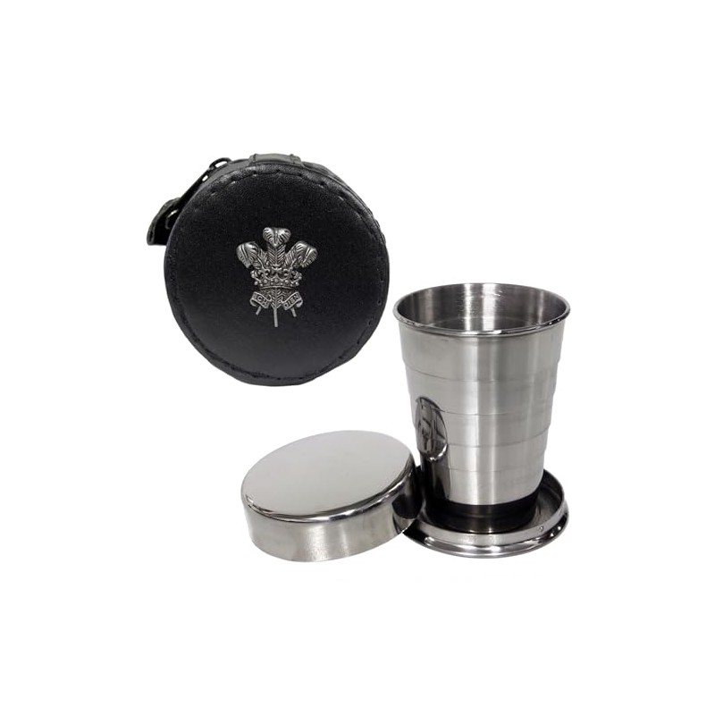 Knight 2oz Collapsible Drinking Cup with Leather Welsh Feathers Case