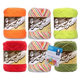 Lily Sugar'n Cream 100% Cotton Yarn 6 Pack with Bella's Crafts Stitch Markers (Mango Madness Mix)