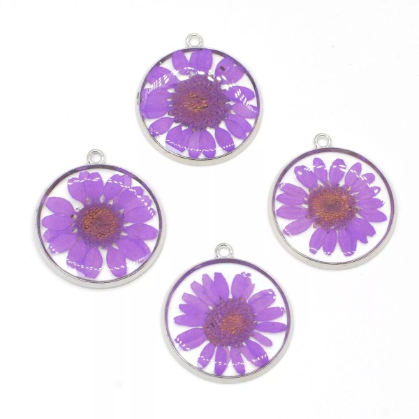 4PCS Silver Tone Real Dry Daisy Flower Resin Round 30mm