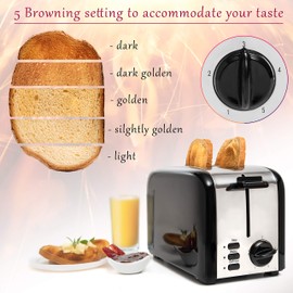 Moss & Stone 2 Slice Toaster, 1.5in Extra-Wide Slot Toaster For Bagel & Defrost with 5 Shade Settings, Bread Toaster 2 Slice With Removable Crumb Tray (black toaster)