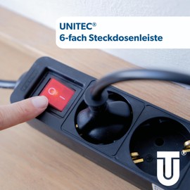 UNITEC H05VV-F 3G1.5 mm² Table Socket with Plug Switch, 6-Way, 1.4 m, Black