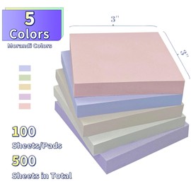 5 Pads Sticky Notes, 100 Sheets/Pad, Pastel Sticky Notes, Sticky Pads, Self-Stick Pads, 3x3 Inch, 5 Pastel Colors, Sticky Notes Aesthetic, Easy to Post for Home, Office, School