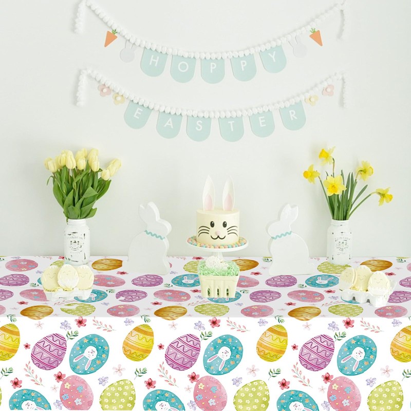 Easter Table Cloth, Easter Eggs Tablecloth, Plastic Waterproof White Eggs