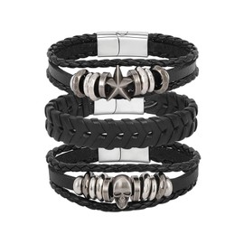 MILAKOO Punk Skull Leather Bracelets with Stainless Steel Clasp Rock Biker Goth Pentagram Wristband
