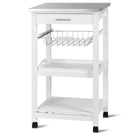 Giantex Kitchen Island Cart Rolling Kitchen Trolley with Stainless Steel Tabletop Utility Storage Cart Restaurant Hotel Serving Cart with Casters, Drawer, Basket and Shelf (White)