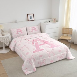 Erosebridal Initial Letter A Comforter Set Full Size for Women Teen Girls Pink Alphabet Bedding Set Romantic Butterfly Knot Comforter Kawaii Love Hearts Bedroom Decor Warm Bowknot Duvet Quilt
