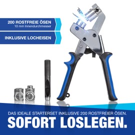 NTG Eyelet Pliers Set (Diameter 10 mm) | Magnetic Eyelet Press Made of Hardened Steel | Includes 200 Eyelets (Eyelet Pliers + 200 Eyelets) Eyelet Punch for Fabrics, Tarpaulins and Sun Sails