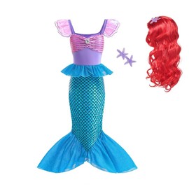 Dressy Daisy Disfraz Sirenita Vestido Sirena Princesa Ariel con peluca de pelo para Niñas Talla 6 años, Azul Morado