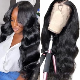 Lace Front Wigs Human Hair: 13x4 Body Wave Lace Frontal Wigs Human Hair for Women 200% Density HD Transparent Glueless Long Wavy Lace Wigs Human Hair Pre Plucked with Baby Hair Natural Black 24 Inch