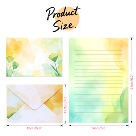 KSIWRE Watercolor Stationary Letter and Envelopes, 24 Lined Writing Paper with 12 Matching Envelopes, Double-Sided Printing, Multicolor, 8.3 x 5.5 Inches, 36 Pieces