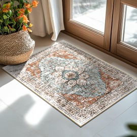 BESTSWEETIE Boho Area Rug 2x3 for Living Room Vintage Floral Washable Rugs Distressed Print Low Pile Non Slip Indoor Carpet for Bedroom Dining,Brick Rust Red Green